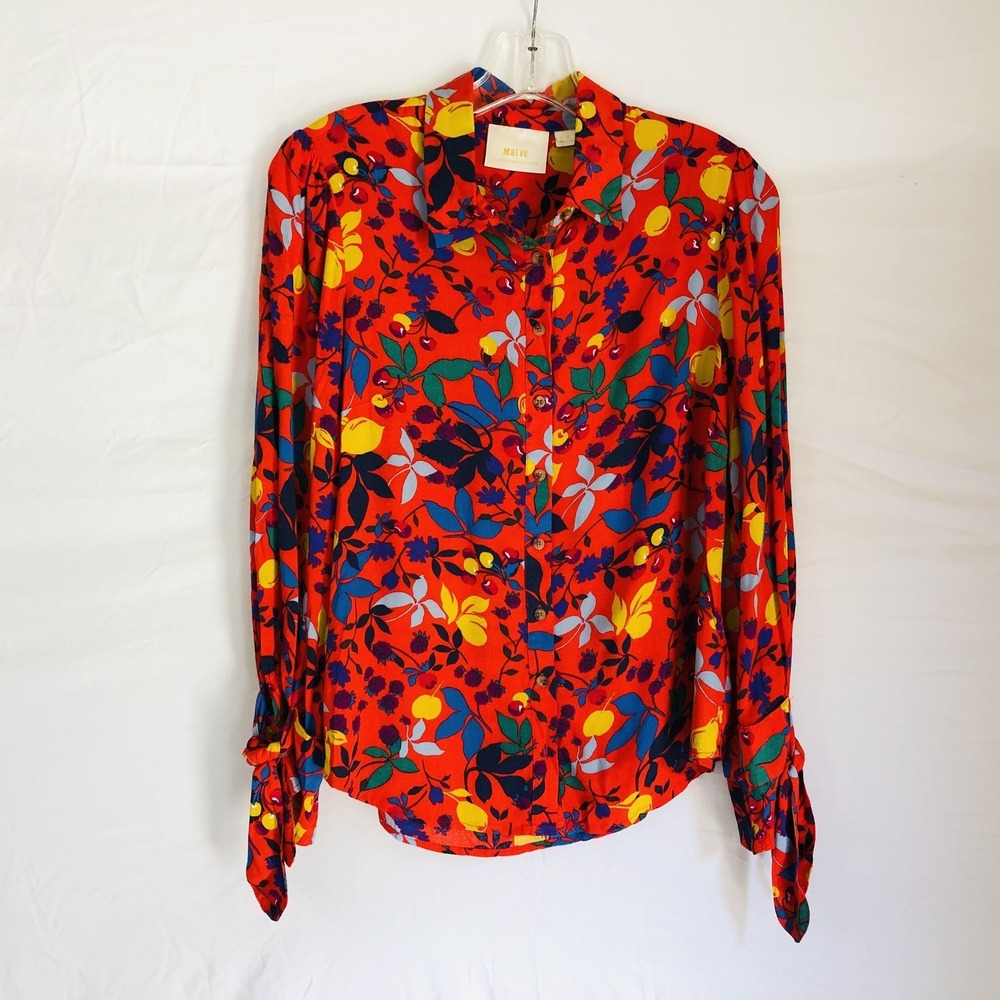 Maeve Anthropologie Shirt Womens 6 Red Floral Print Button Up Long Sleeve Top